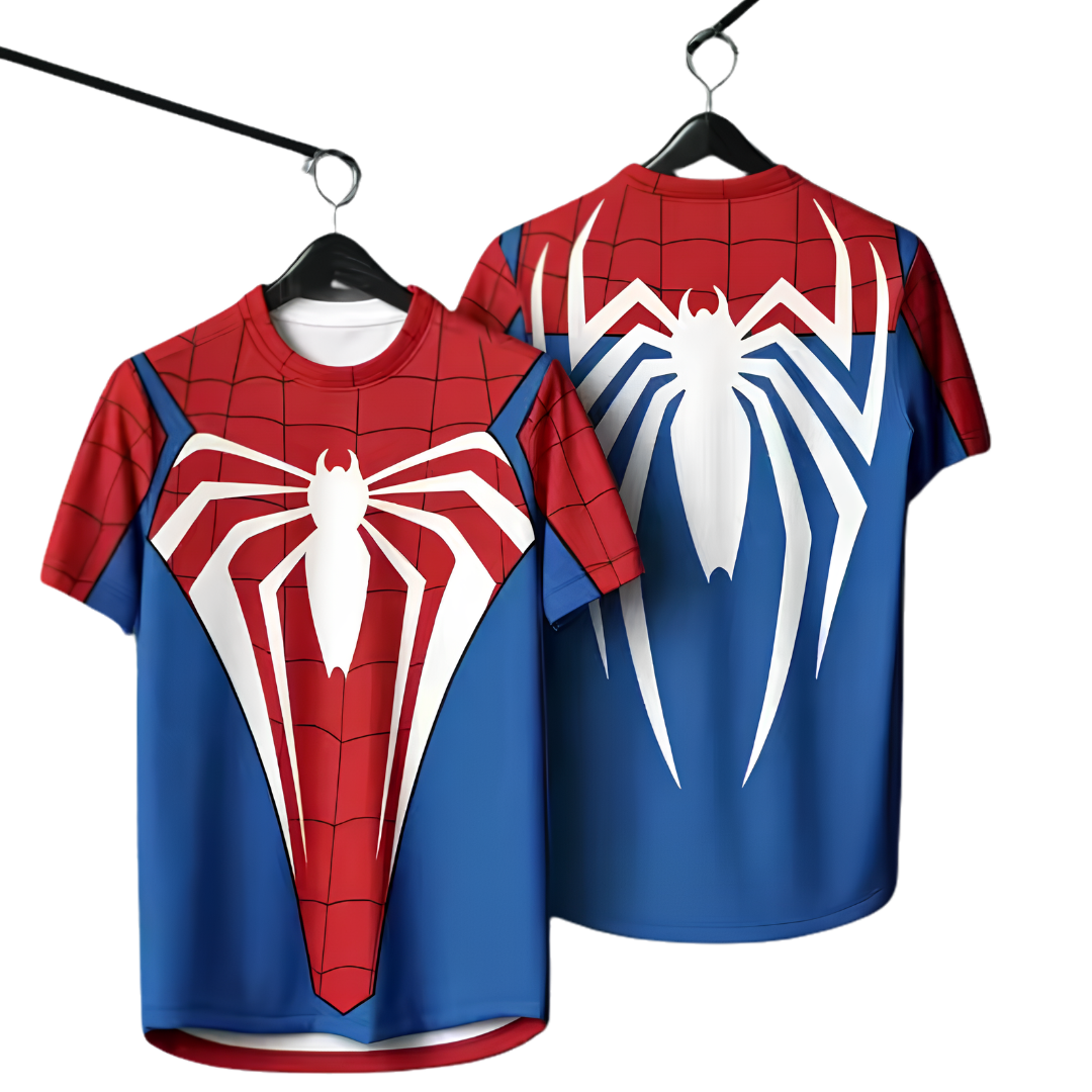 Two Spider-Man themed short-sleeve t-shirts shown on hangers against a plain white background, with the front view on the left and back view on the right. The shirts feature a red and blue color scheme with a large white spider emblem on the chest and back.