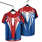 Two Spider-Man themed short-sleeve t-shirts shown on hangers against a plain white background, with the front view on the left and back view on the right. The shirts feature a red and blue color scheme with a large white spider emblem on the chest and back.