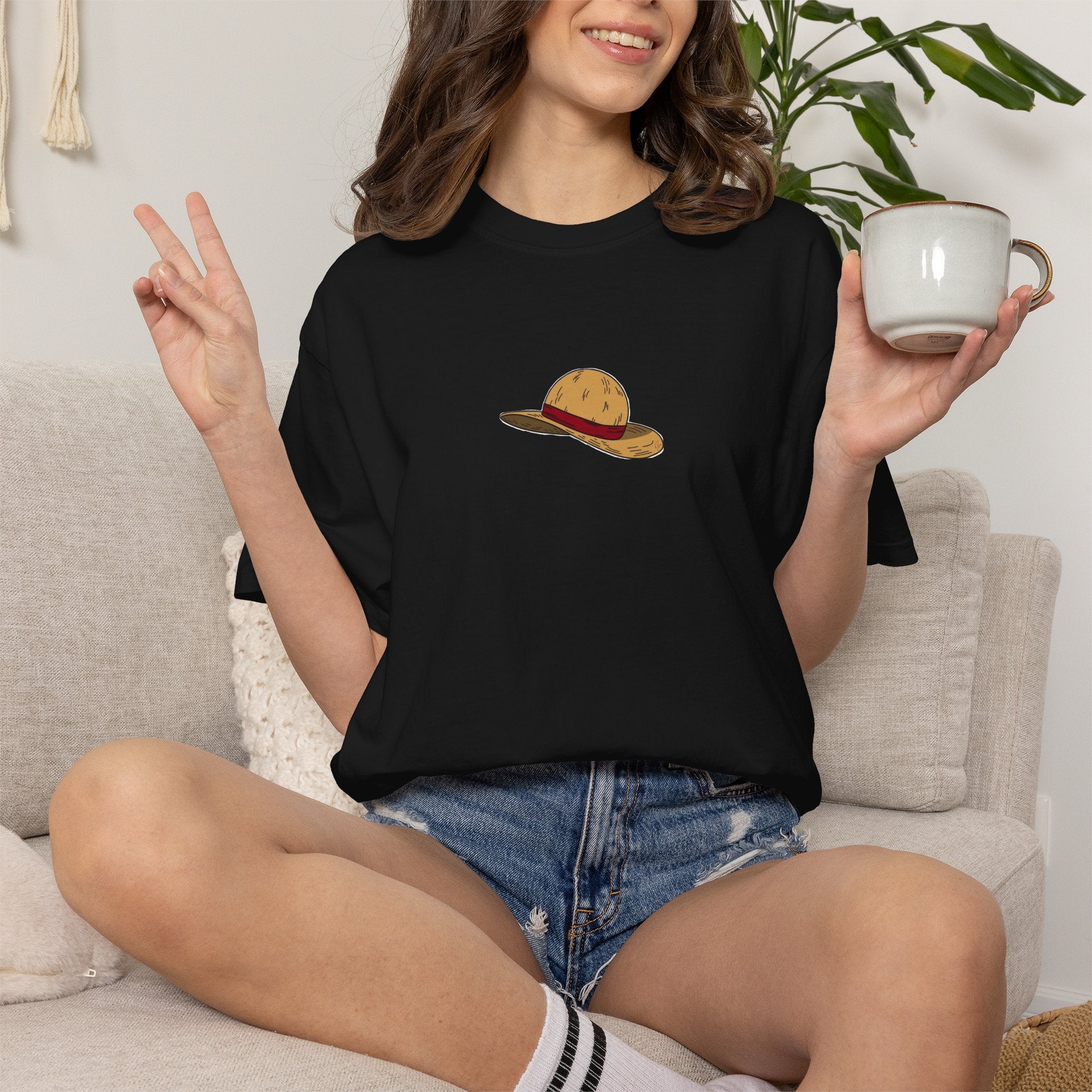 One Piece Luffy Straw Hat T-Shirt, Unisex Garment-Dyed Cotton Tee with Minimalist Chest Print T-Shirt - The Eezee Shop