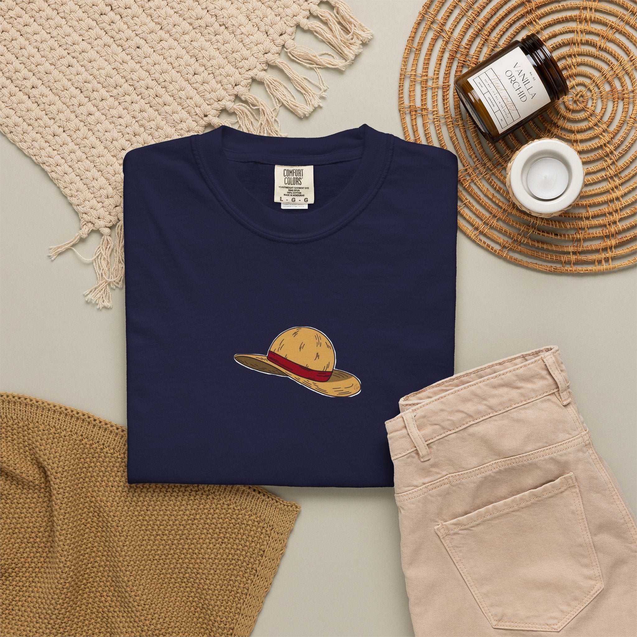 One Piece Luffy Straw Hat T-Shirt, Unisex Garment-Dyed Cotton Tee with Minimalist Chest Print T-Shirt - The Eezee Shop