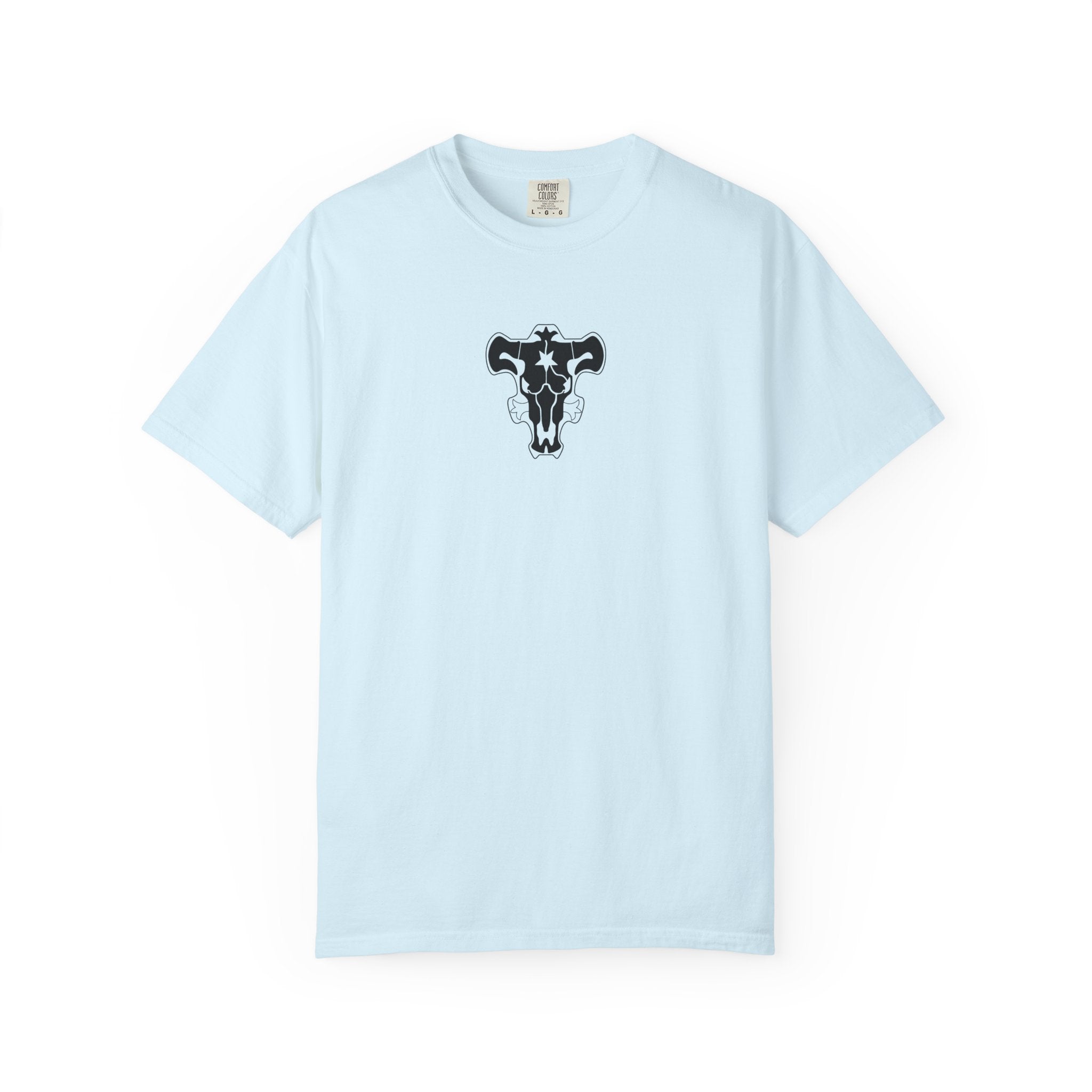 A light blue short-sleeve crewneck t-shirt featuring a black ram skull graphic printed on the center chest, displayed against a clean white background.