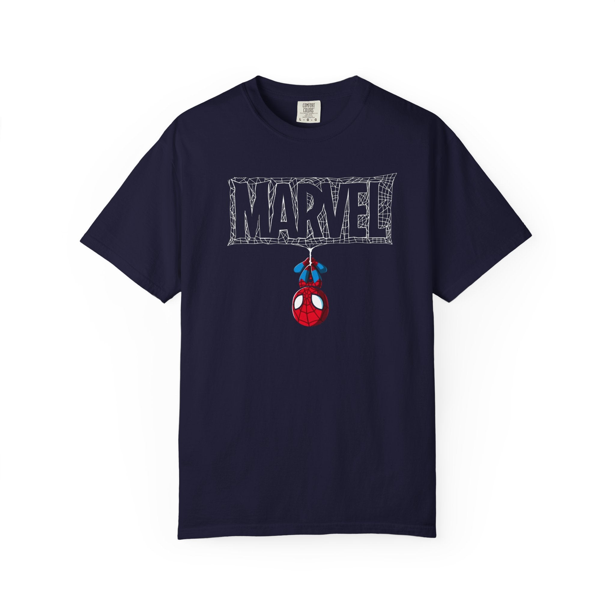 Black t-shirt with a small logo on a white background