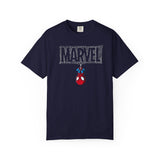Black t-shirt with a small logo on a white background