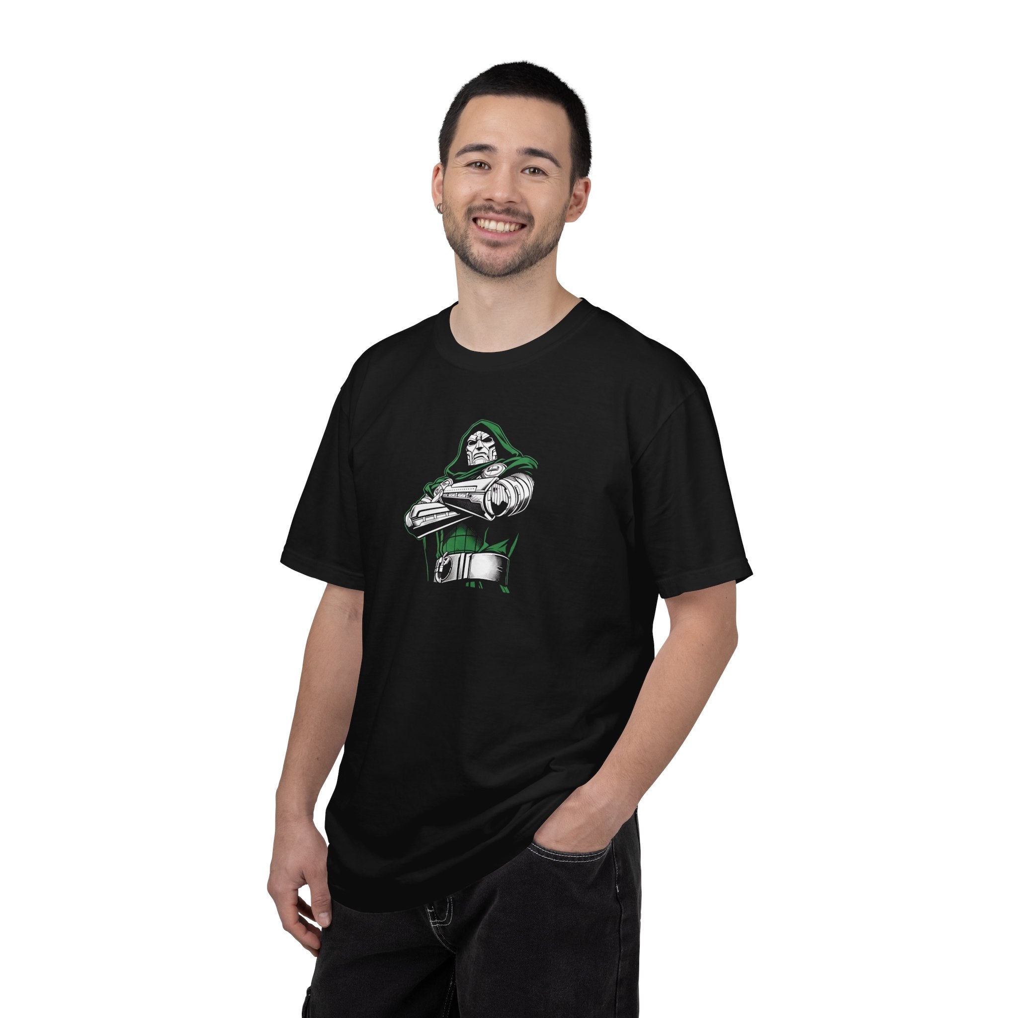 Man wearing a black t-shirt with 'LW Creative Co.' logo on a white background