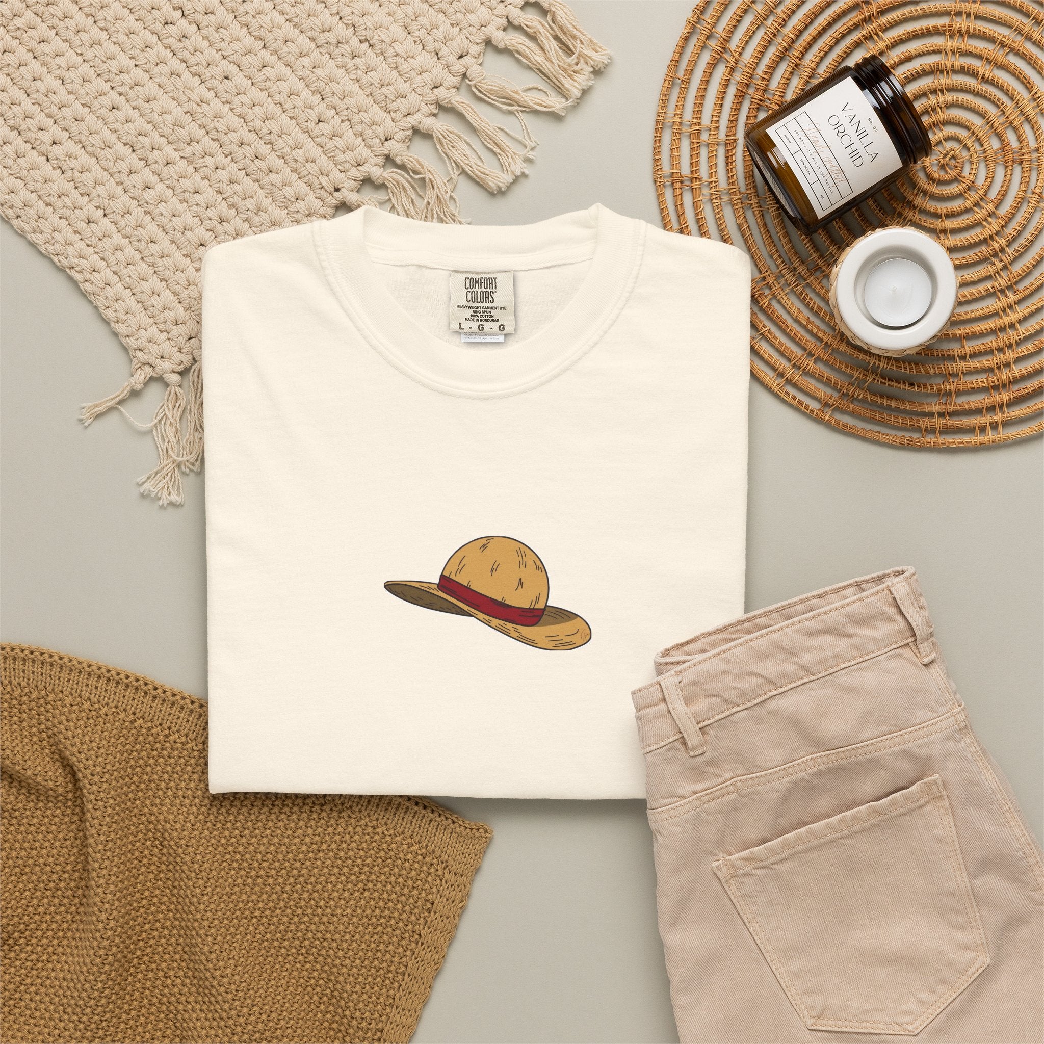 One Piece Luffy Straw Hat T-Shirt, Unisex Garment-Dyed Cotton Tee with Minimalist Chest Print T-Shirt - The Eezee Shop