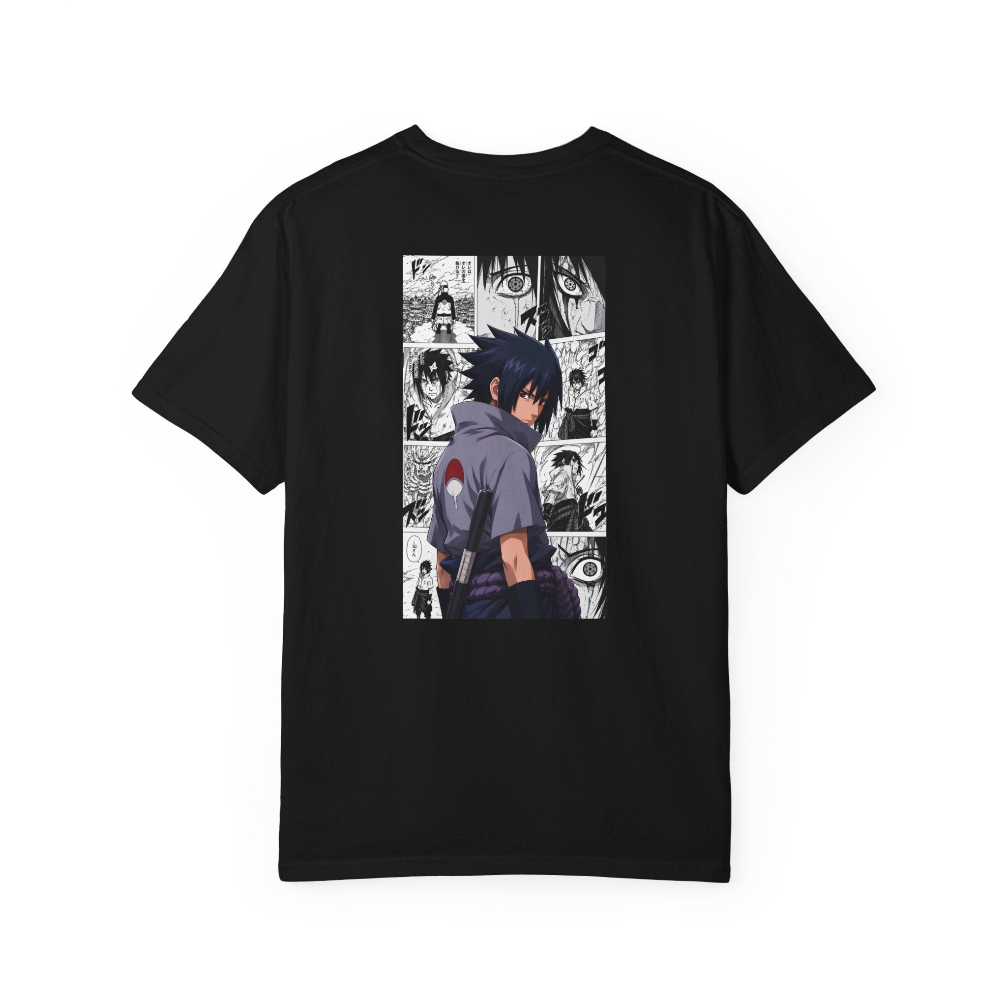 A black short-sleeve crewneck t-shirt featuring a large rectangular anime graphic print on the front. The graphic depicts a character in profile with a red leaf symbol on his shoulder, set against a background of black-and-white manga panels.