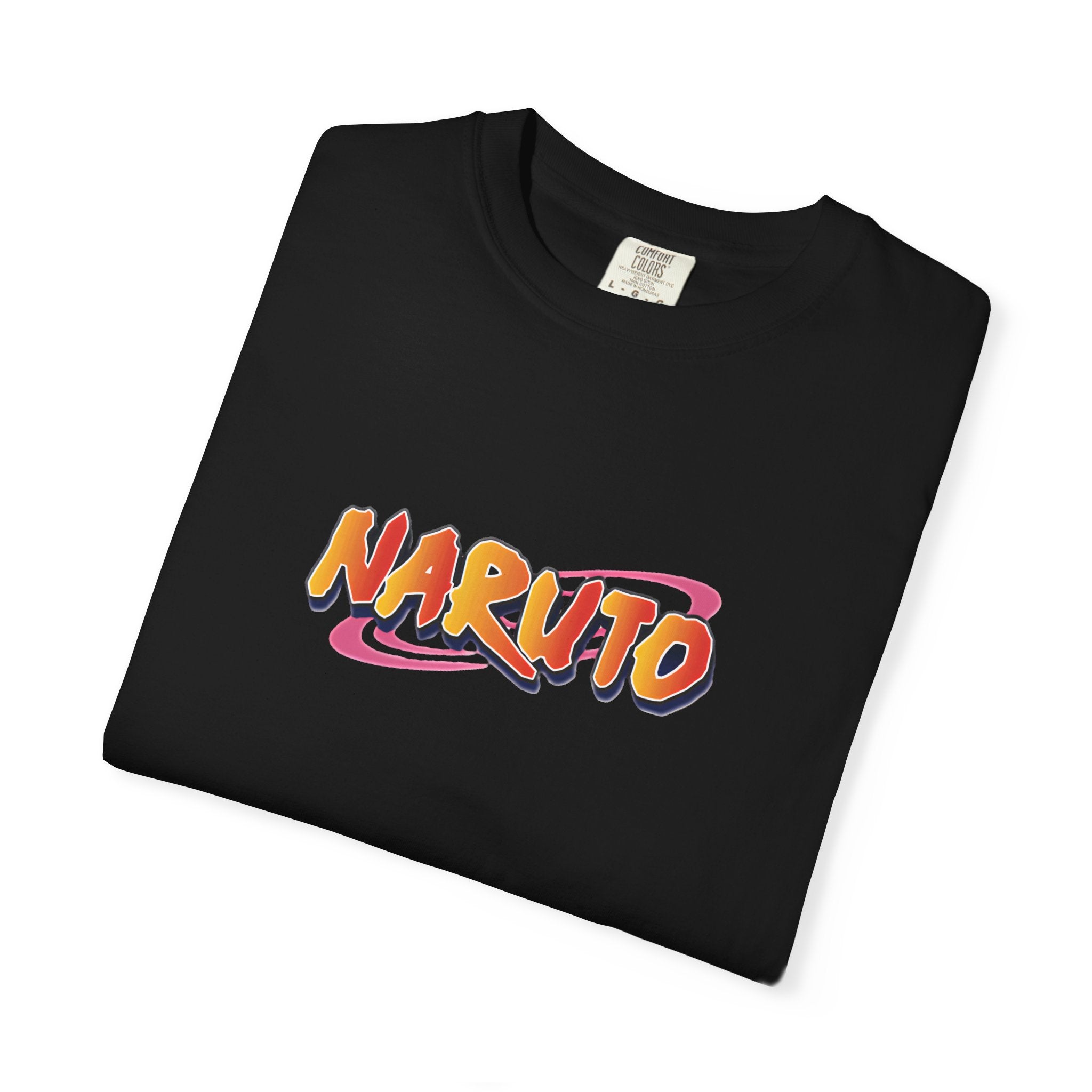 A folded black t-shirt featuring a colorful retro-style 'NARUTO' graphic on the chest, displayed on a clean white background.