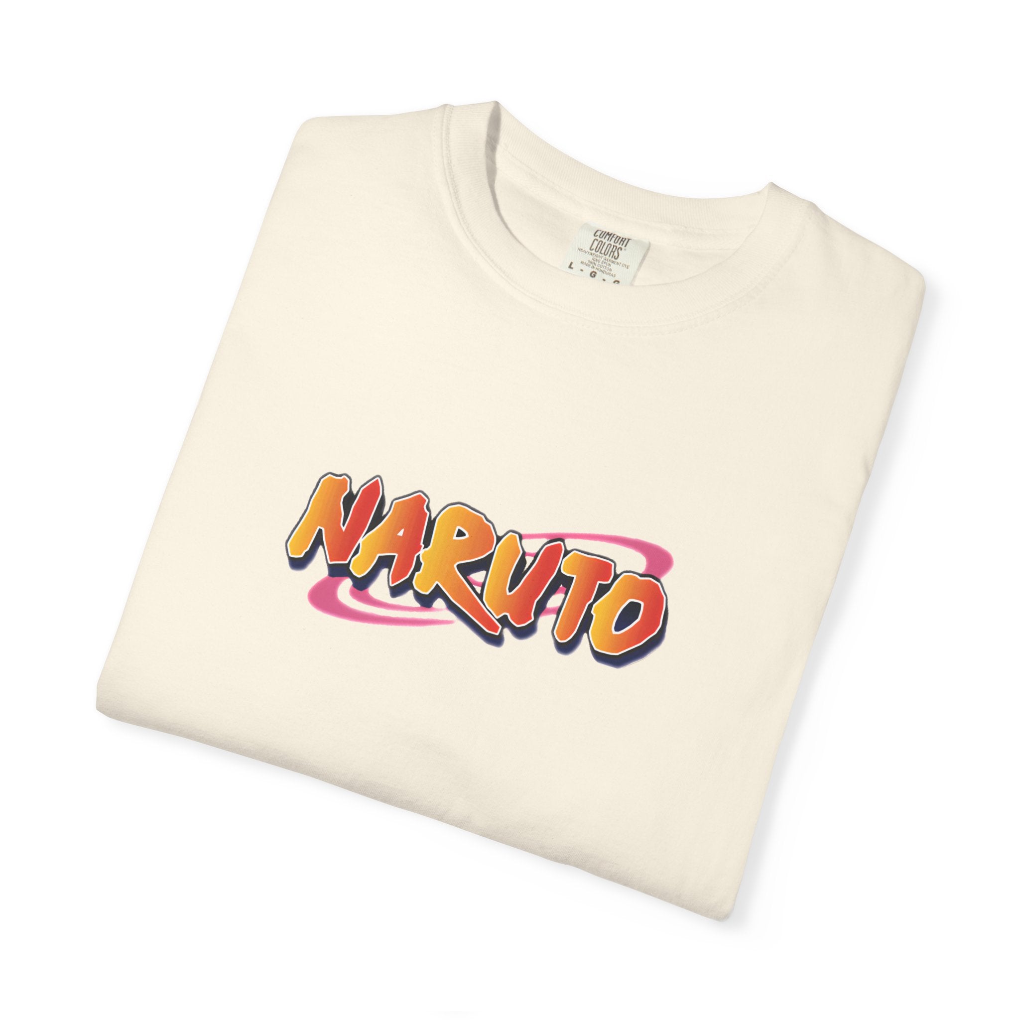A folded off-white crewneck t-shirt featuring a colorful retro-style 'NARUTO' graphic on the chest, displayed on a clean white background.
