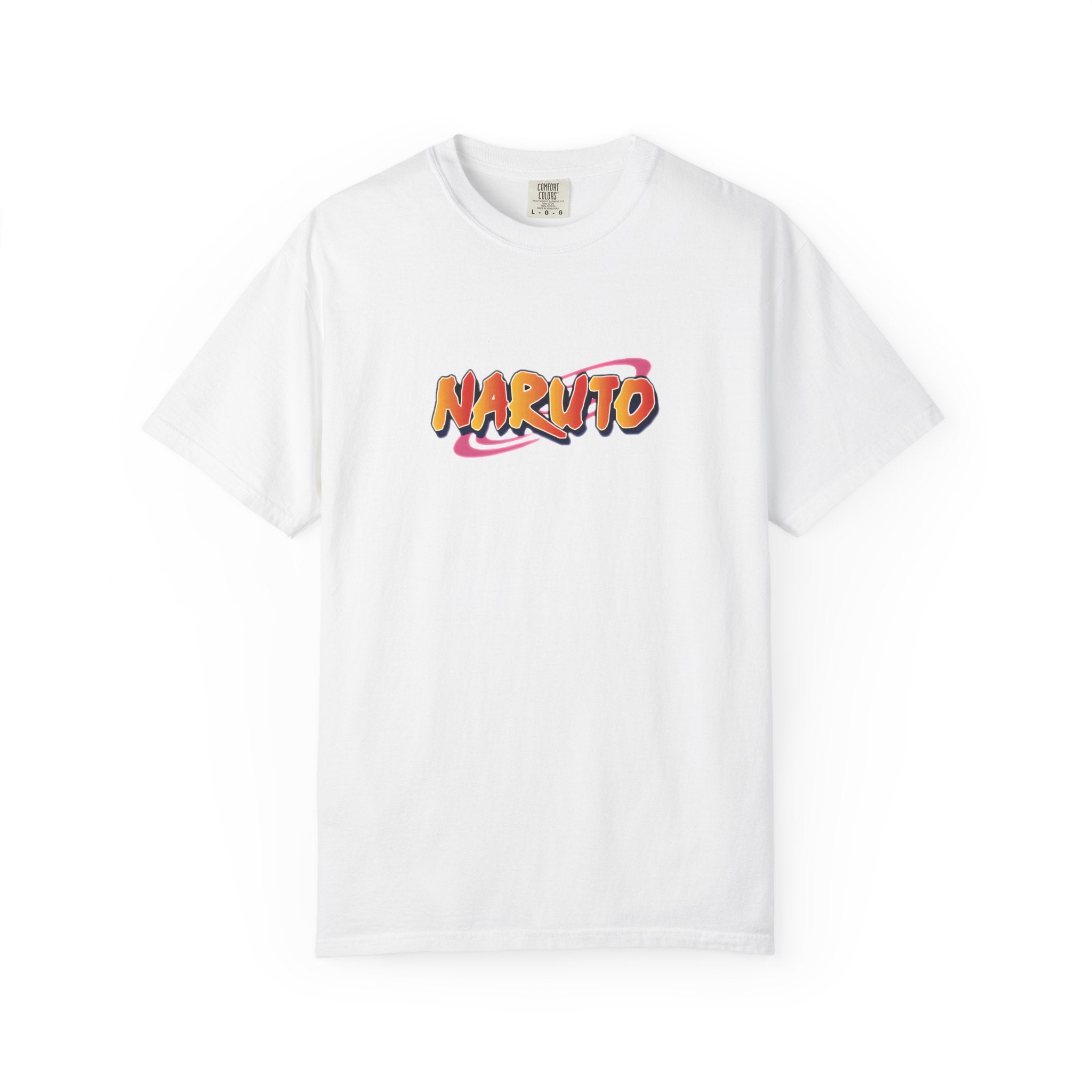 A white short-sleeve crewneck t-shirt featuring a colorful 'NARUTO' graphic printed on the chest, displayed against a clean white background.