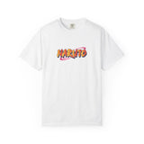 A white short-sleeve crewneck t-shirt featuring a colorful 'NARUTO' graphic printed on the chest, displayed against a clean white background.