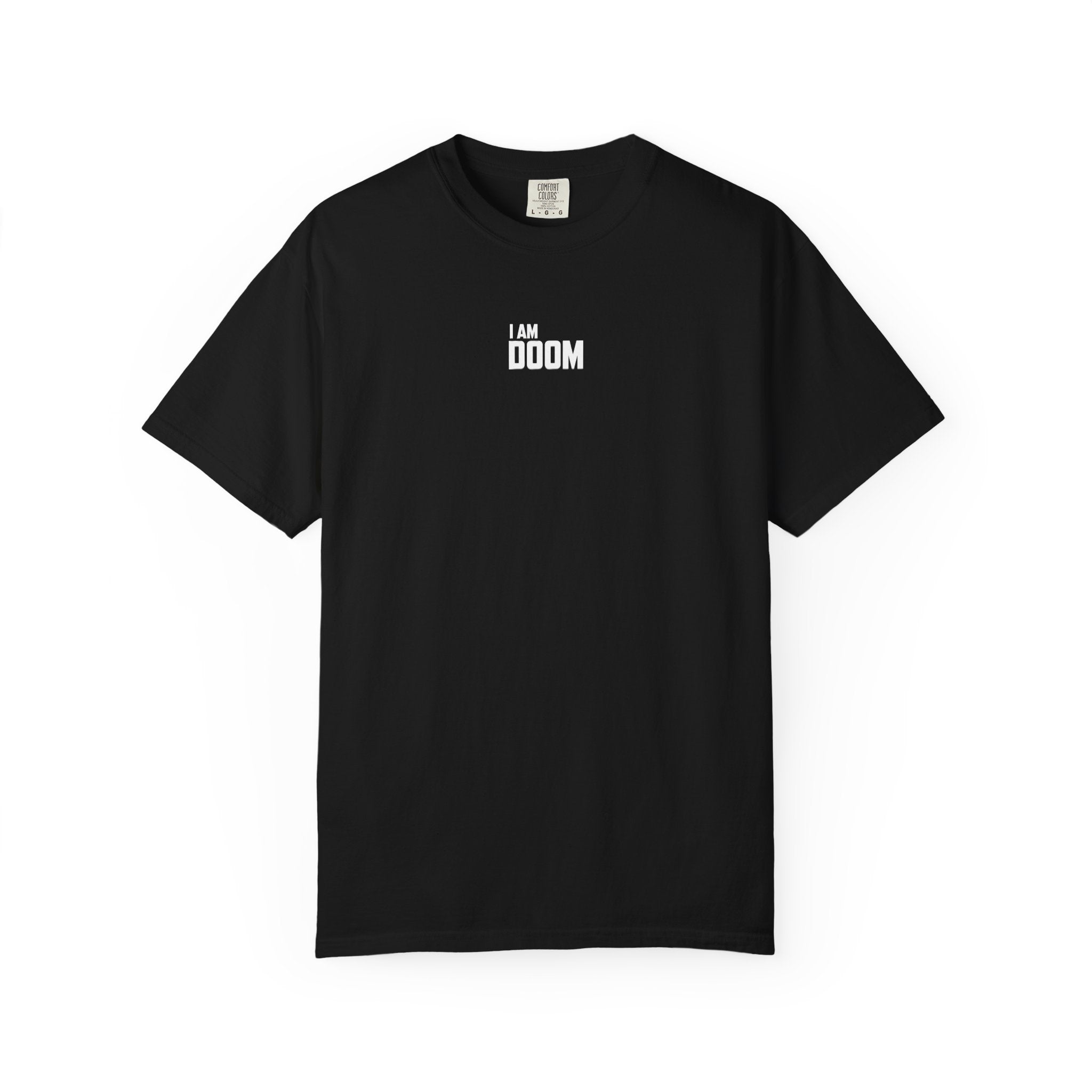 A black short-sleeve crewneck t-shirt featuring a small white silhouette of a twin-engine propeller airplane printed on the center chest, displayed against a clean white background.
