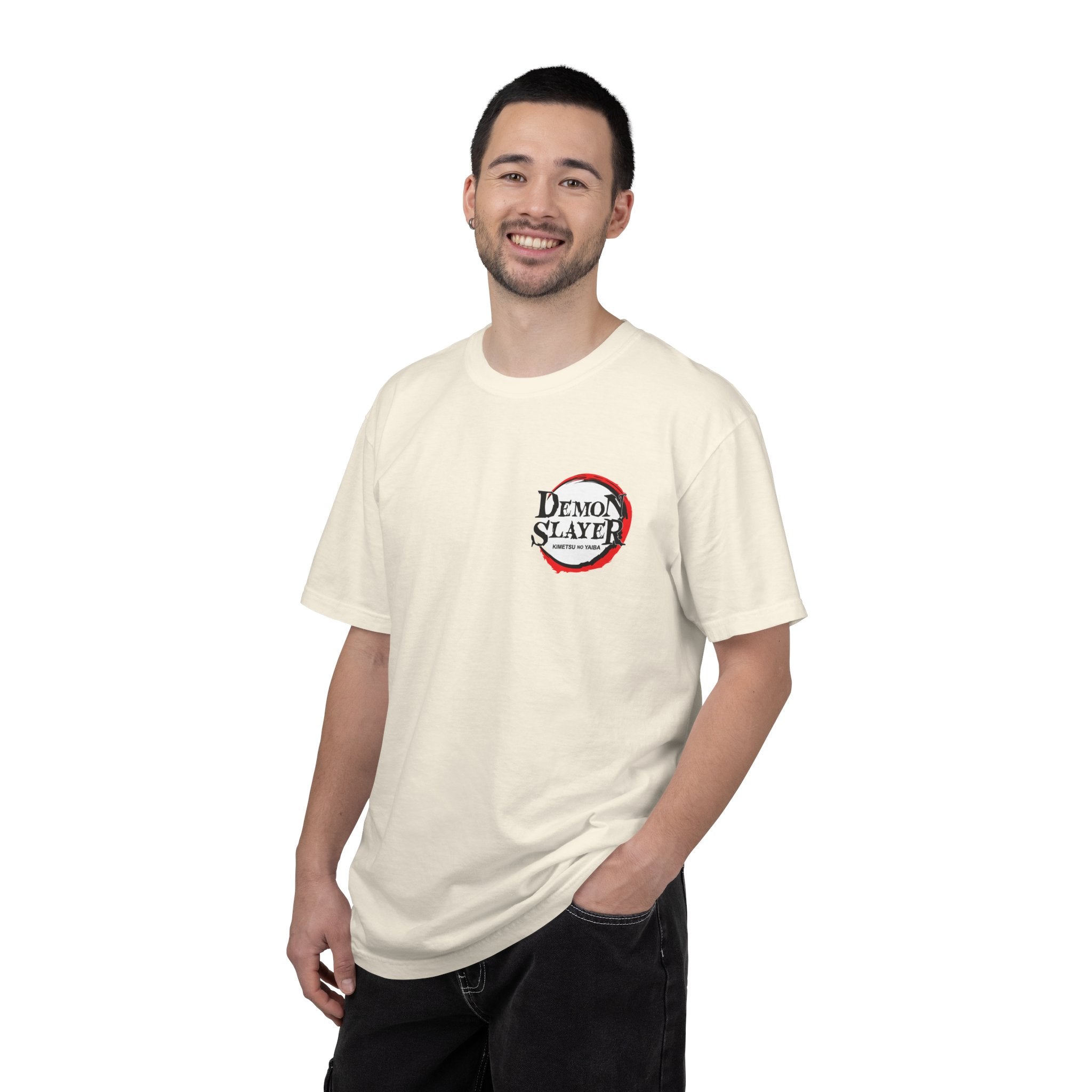 Man wearing a white t-shirt with 'Hannah' printed on it against a white background