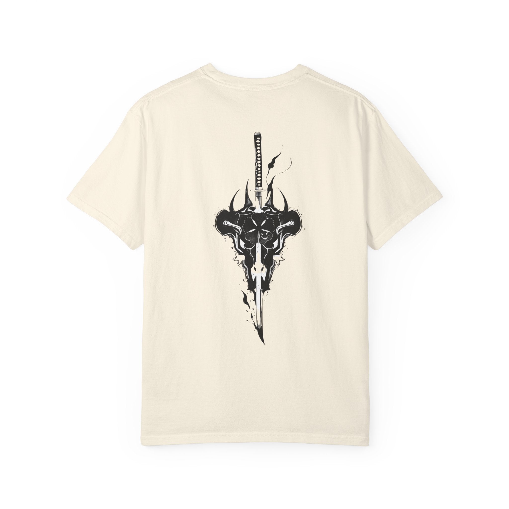 An off-white short-sleeve t-shirt with a large black graphic of a horned skull and a vertical sword on the back, displayed against a solid white background.