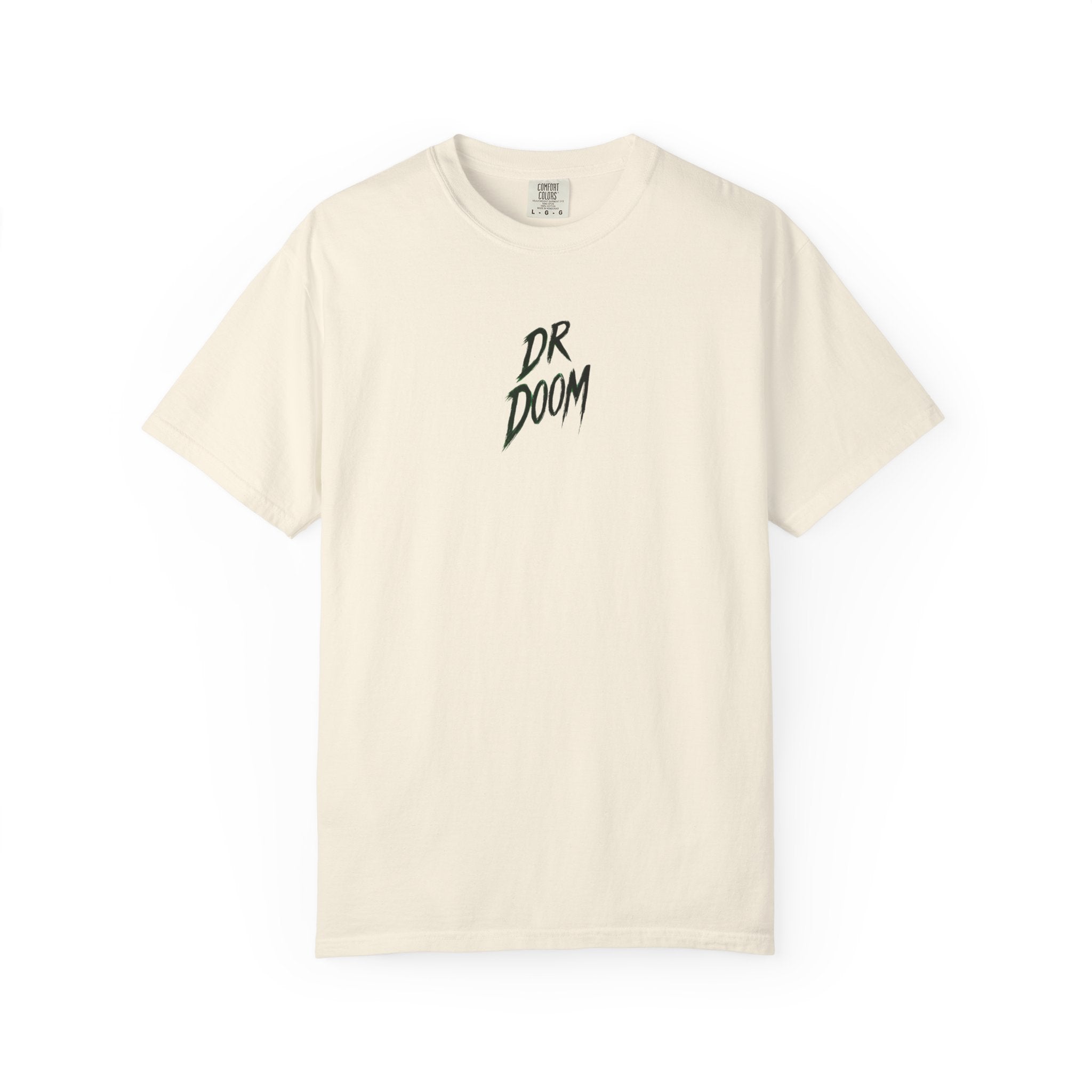 An off-white short-sleeve crewneck t-shirt with a black stylized 'DR DOOM' logo printed on the center chest, displayed against a solid white background.