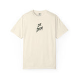 An off-white short-sleeve crewneck t-shirt with a black stylized 'DR DOOM' logo printed on the center chest, displayed against a solid white background.