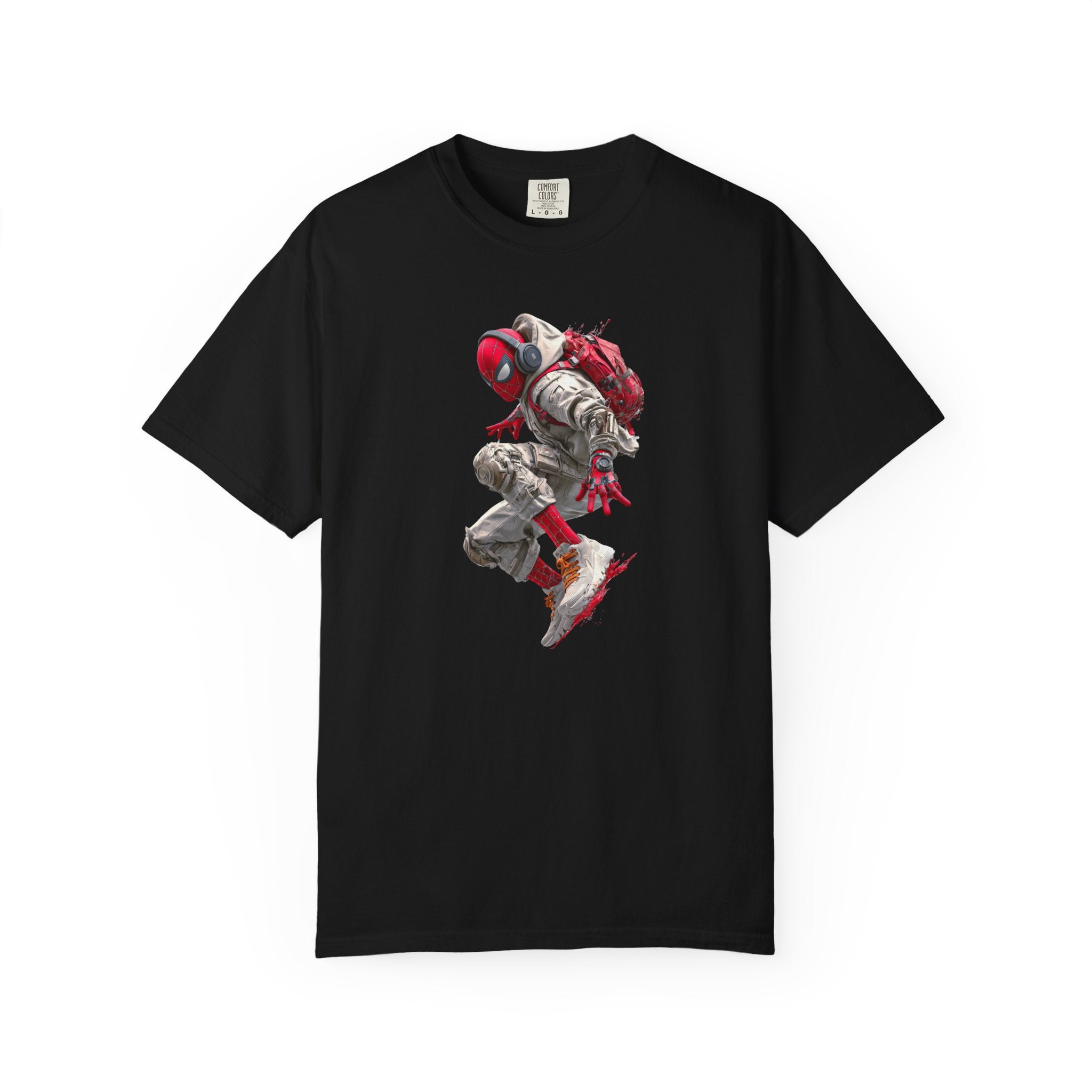 A black short-sleeve crewneck t-shirt featuring a central graphic print of a futuristic astronaut in a crouched pose, wearing red and white gear with a red backpack, set against a plain white background.