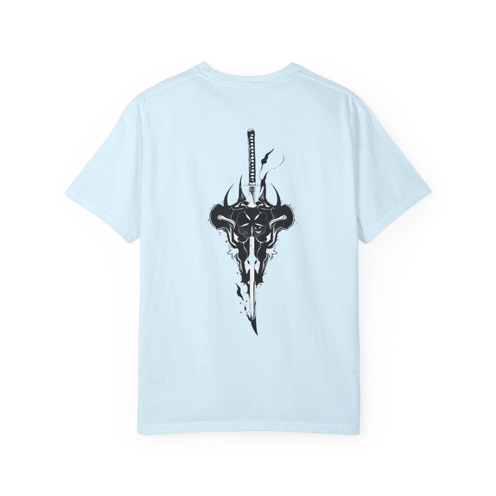 A light blue short-sleeve t-shirt shown from the back, featuring a large black graphic of a horned skull with a sword embedded in it.