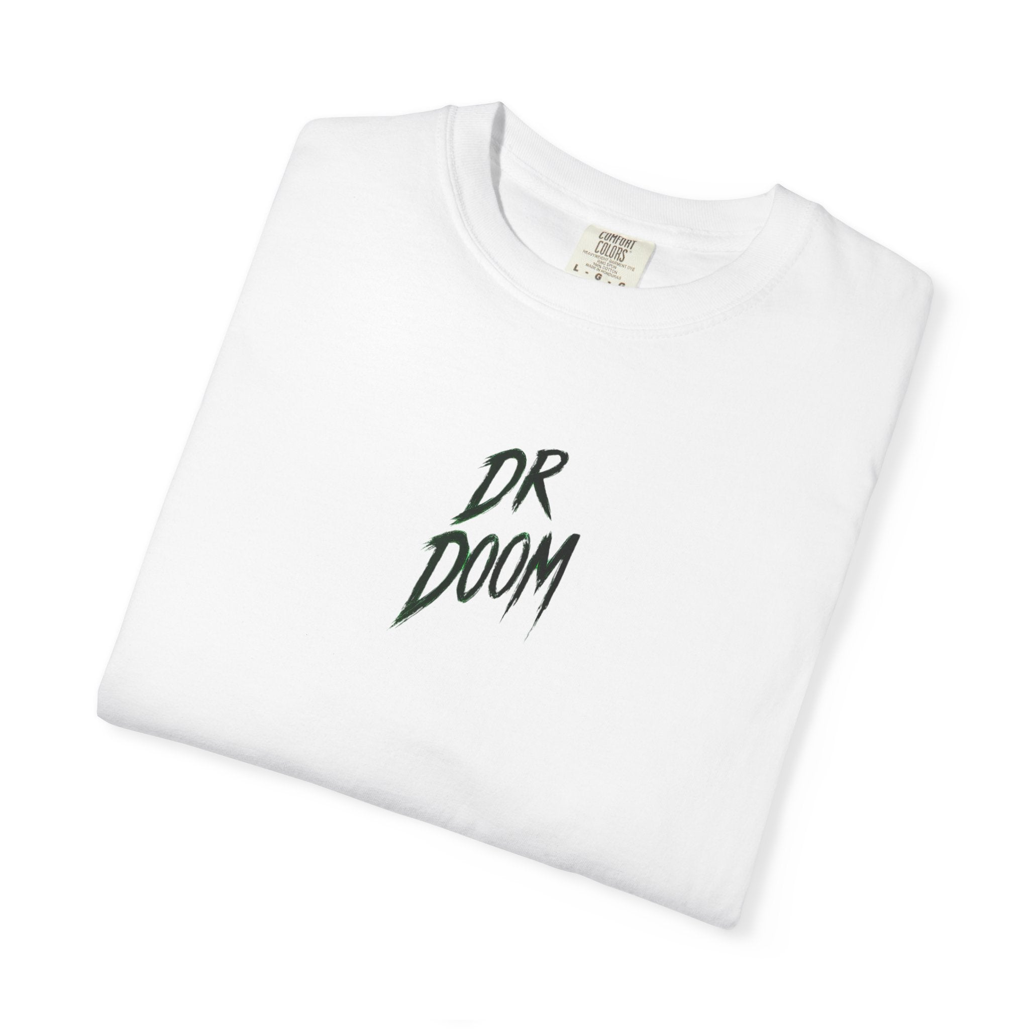 White t-shirt with a colorful graphic on a white background