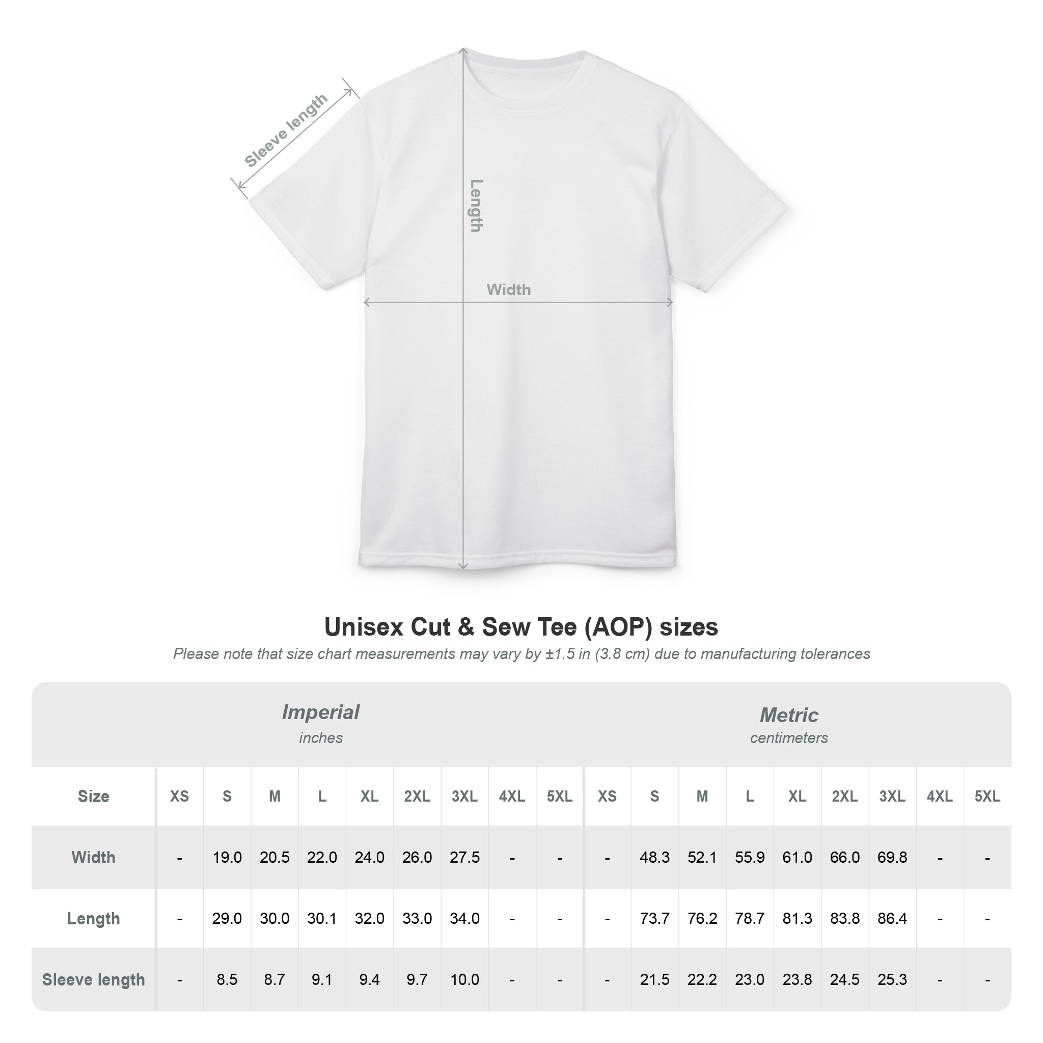 White t-shirt with measurements and size chart on a white background