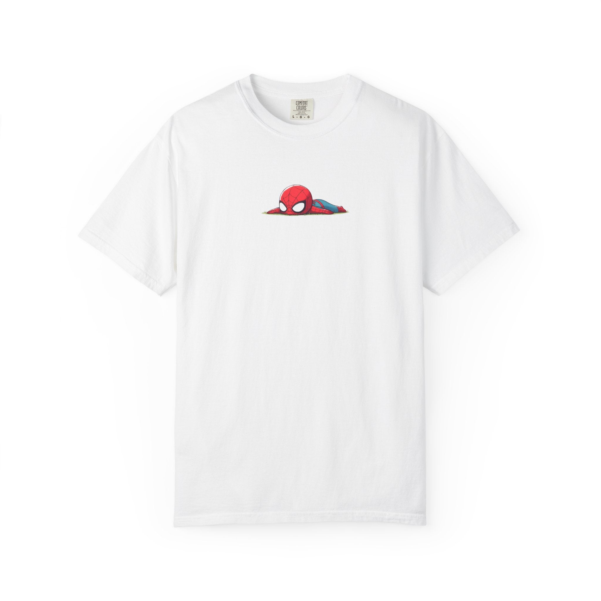 A white short-sleeve crewneck t-shirt featuring a small graphic of a cartoon Spider-Man peeking out from behind the chest, displayed on a clean white background.