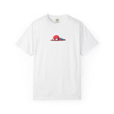 A white short-sleeve crewneck t-shirt featuring a small graphic of a cartoon Spider-Man peeking out from behind the chest, displayed on a clean white background.