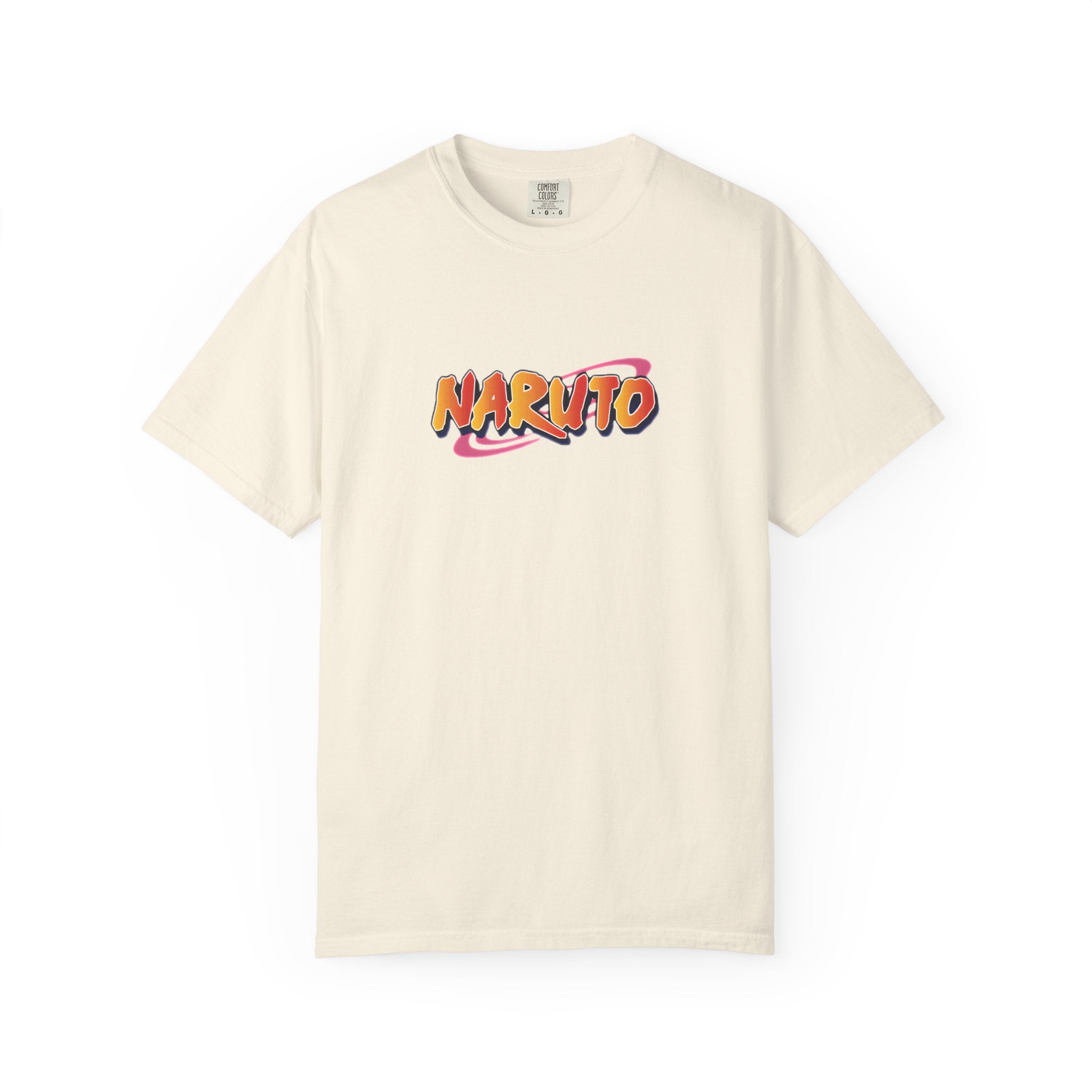An off-white short-sleeve crewneck t-shirt featuring a colorful retro-style 'NARUTO' graphic printed across the chest, displayed on a clean white background.