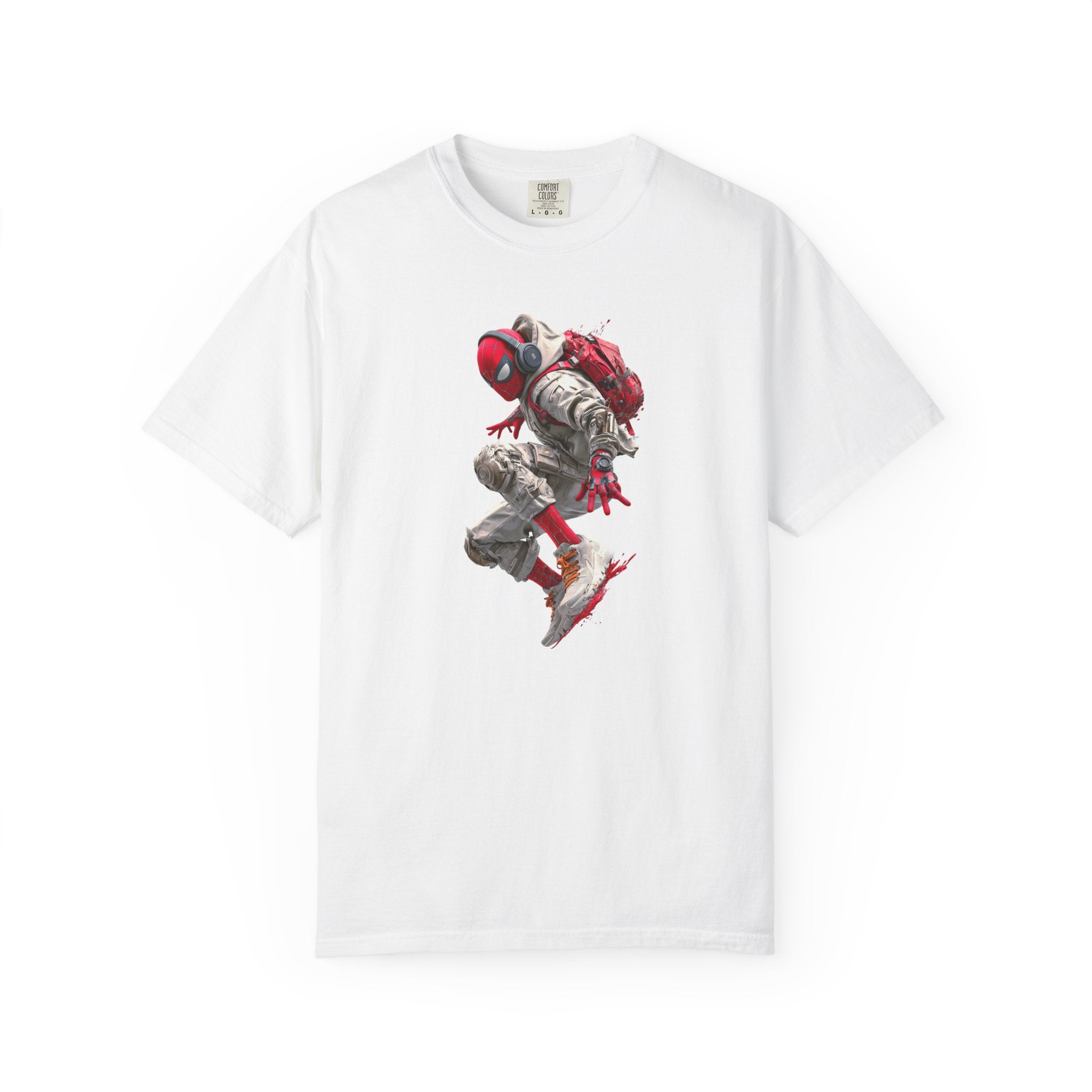 A white short-sleeve crewneck t-shirt featuring a central graphic print of a stylized, floating astronaut in a red spacesuit with a red backpack.