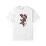 A white short-sleeve crewneck t-shirt featuring a central graphic print of a stylized, floating astronaut in a red spacesuit with a red backpack.