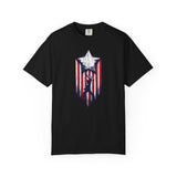 A black short-sleeve crewneck t-shirt featuring a distressed red, white, and blue shield graphic on the chest with a silhouette of a football player.