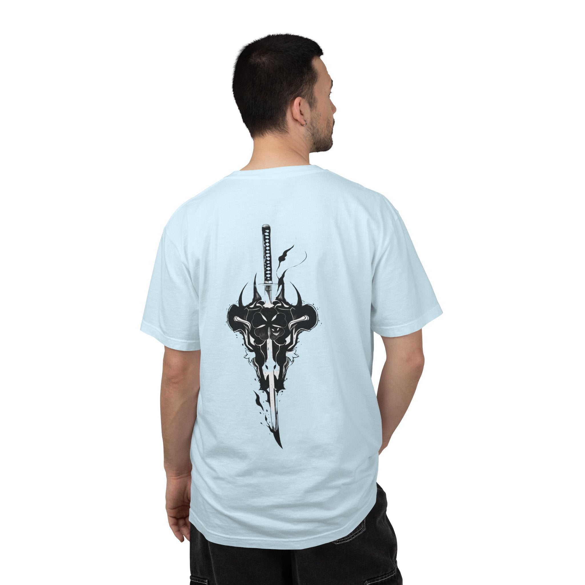 Man wearing a white t-shirt with a graphic design on the back, featuring text and a bee illustration.