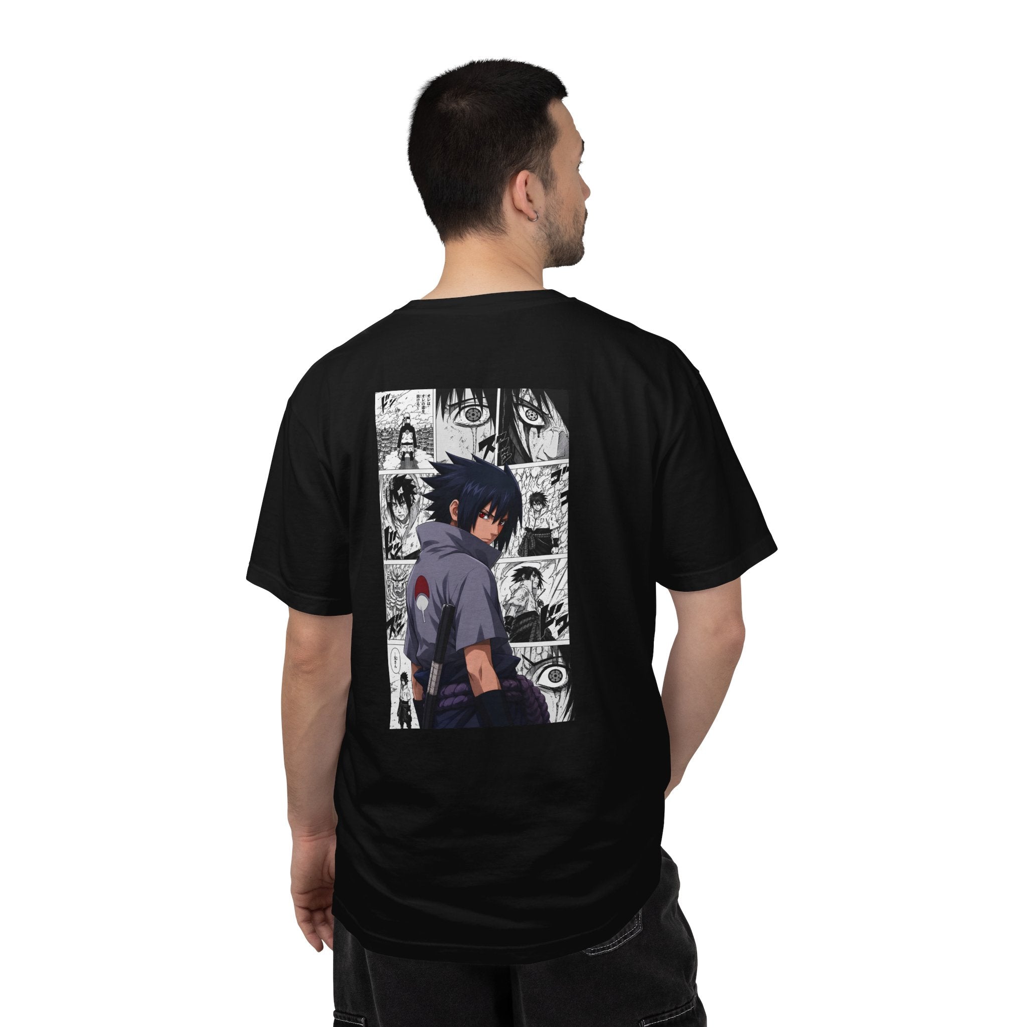 A man wearing a black t-shirt, viewed from the back, featuring a large graphic print of the anime character Sasuke Uchiha on the back.