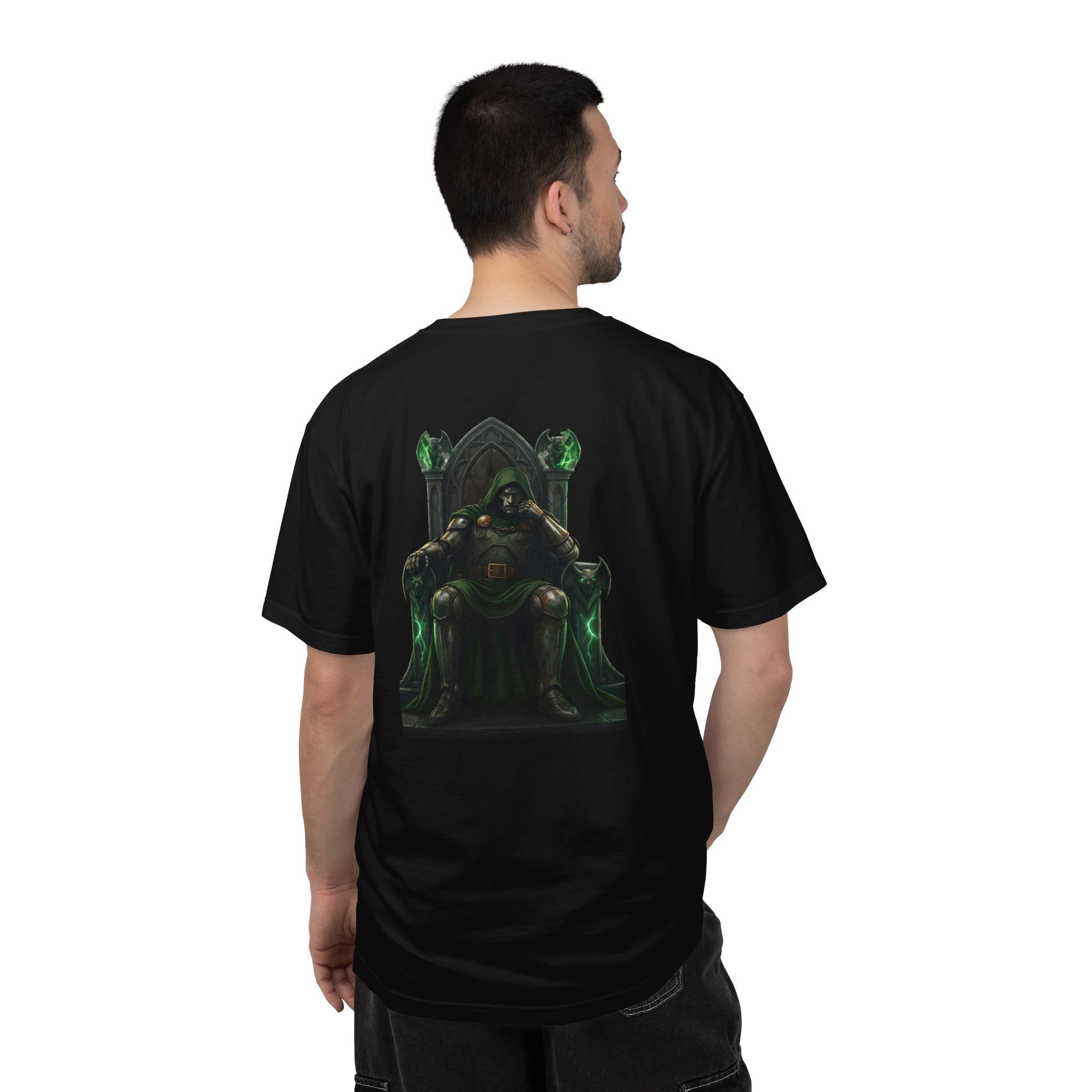 Black t-shirt with yellow text on the back, featuring various verses.