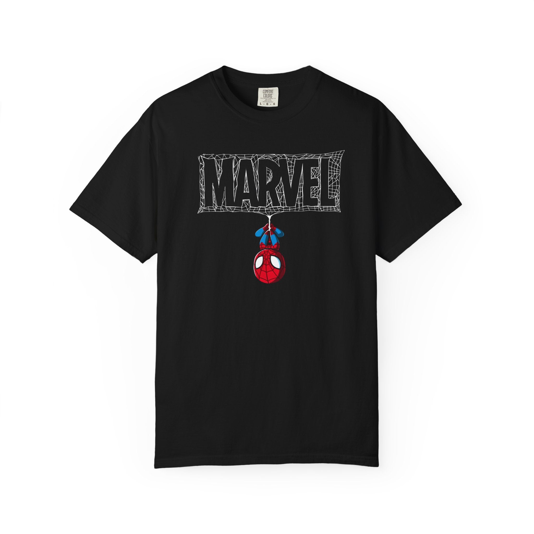 Black t-shirt with a small logo on a white background