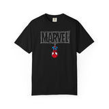 Black t-shirt with a small logo on a white background
