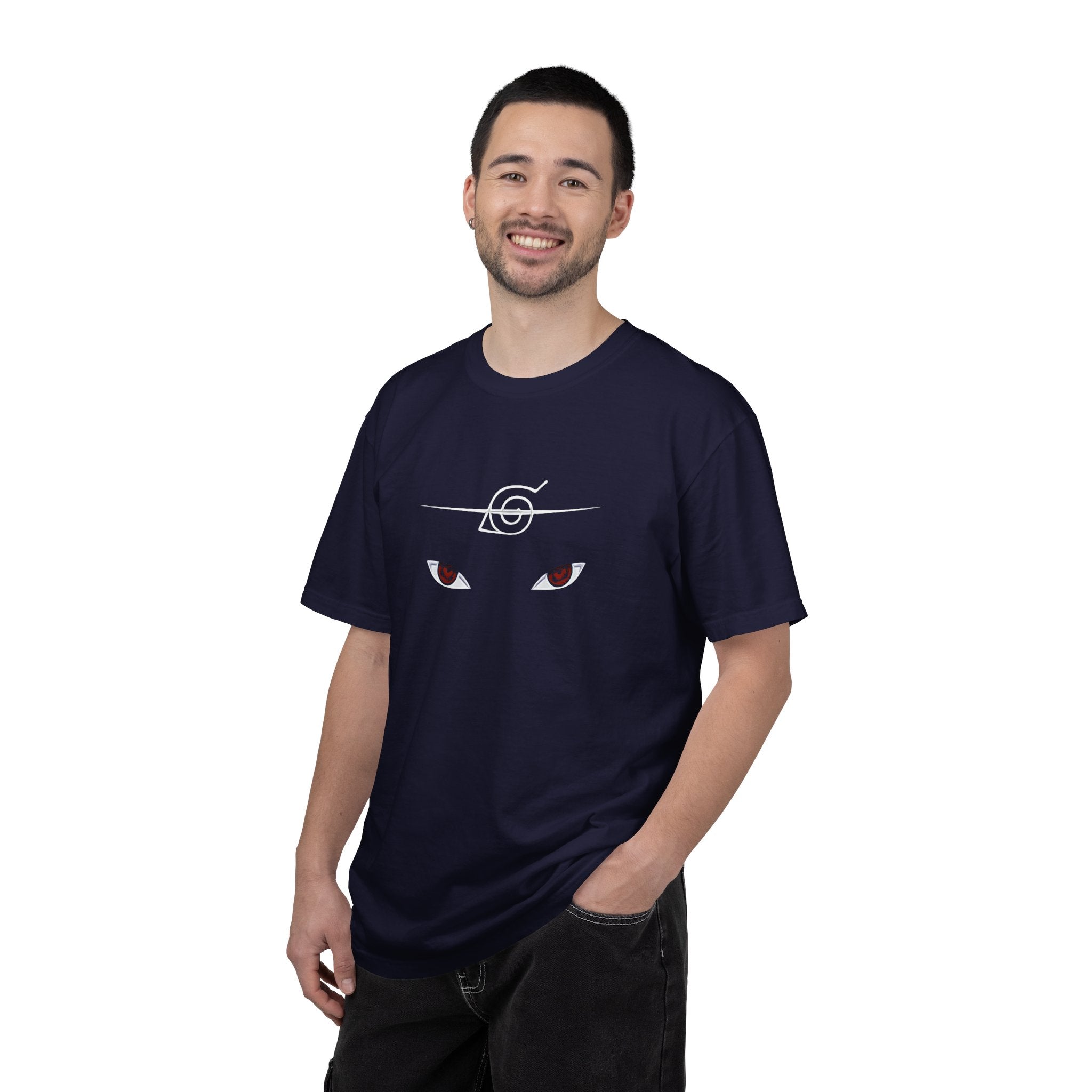 Man wearing a black t-shirt with a humorous text design on a white background
