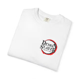 A folded white crewneck t-shirt featuring a 'Demon Slayer' graphic on the left chest, displayed on a clean white background.