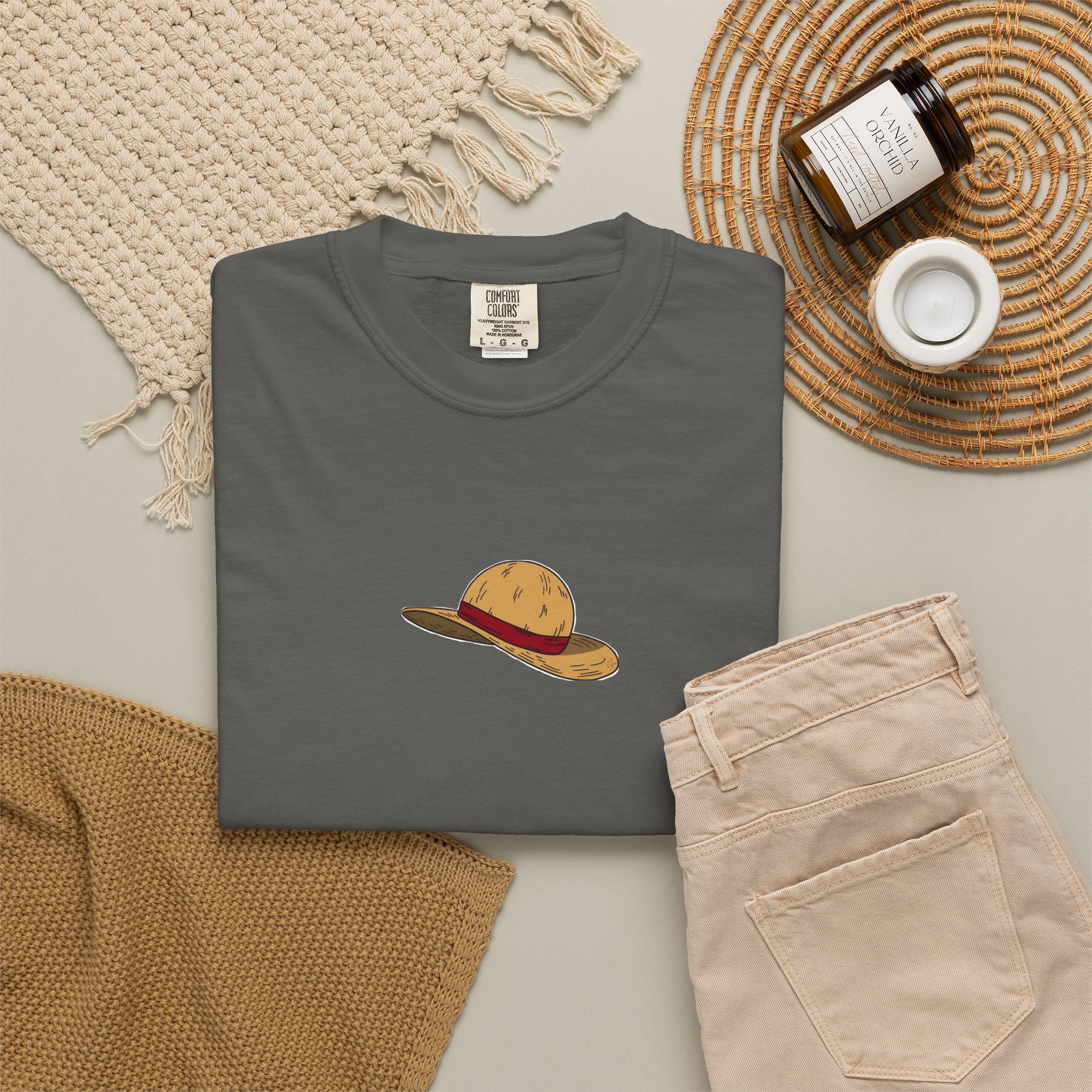 One Piece Luffy Straw Hat T-Shirt, Unisex Garment-Dyed Cotton Tee with Minimalist Chest Print T-Shirt - The Eezee Shop