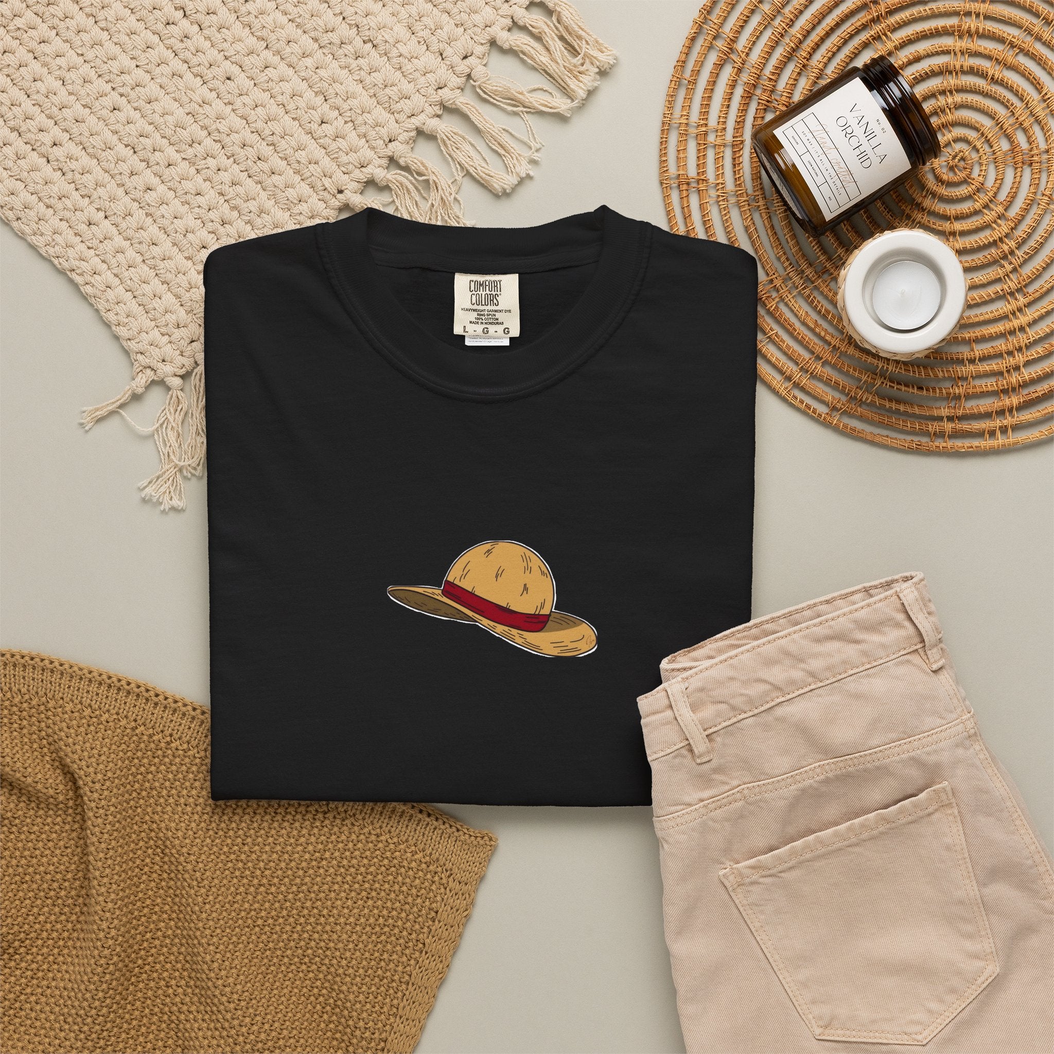 One Piece Luffy Straw Hat T-Shirt, Unisex Garment-Dyed Cotton Tee with Minimalist Chest Print T-Shirt - The Eezee Shop