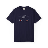 Navy blue t-shirt with 'Clothed in Christ' text and logo on a white background
