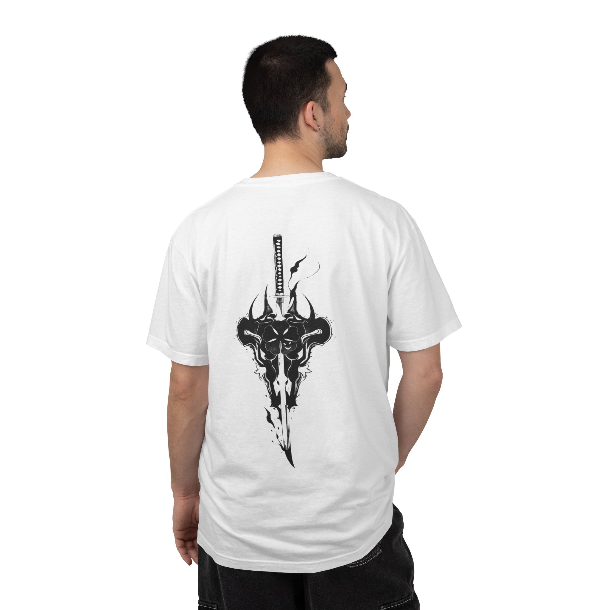 Man wearing a white t-shirt with a skull graphic and text on the back, standing against a white background.