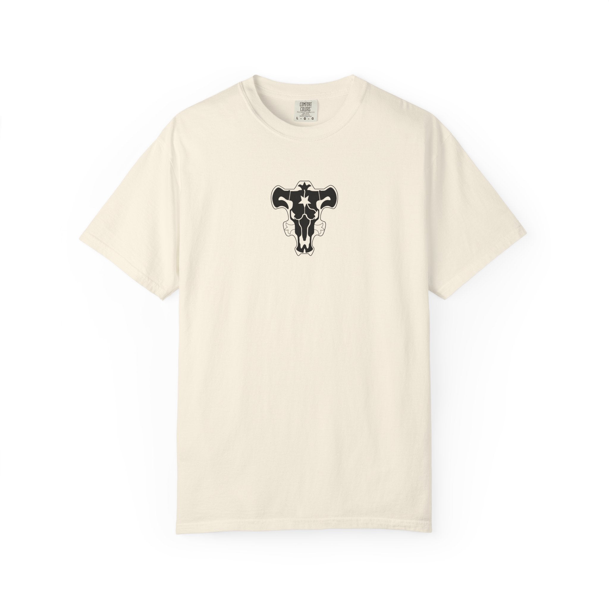 An off-white short-sleeve crewneck t-shirt featuring a black graphic of a ram skull with horns on the chest, displayed against a solid white background.