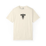An off-white short-sleeve crewneck t-shirt featuring a black graphic of a ram skull with horns on the chest, displayed against a solid white background.