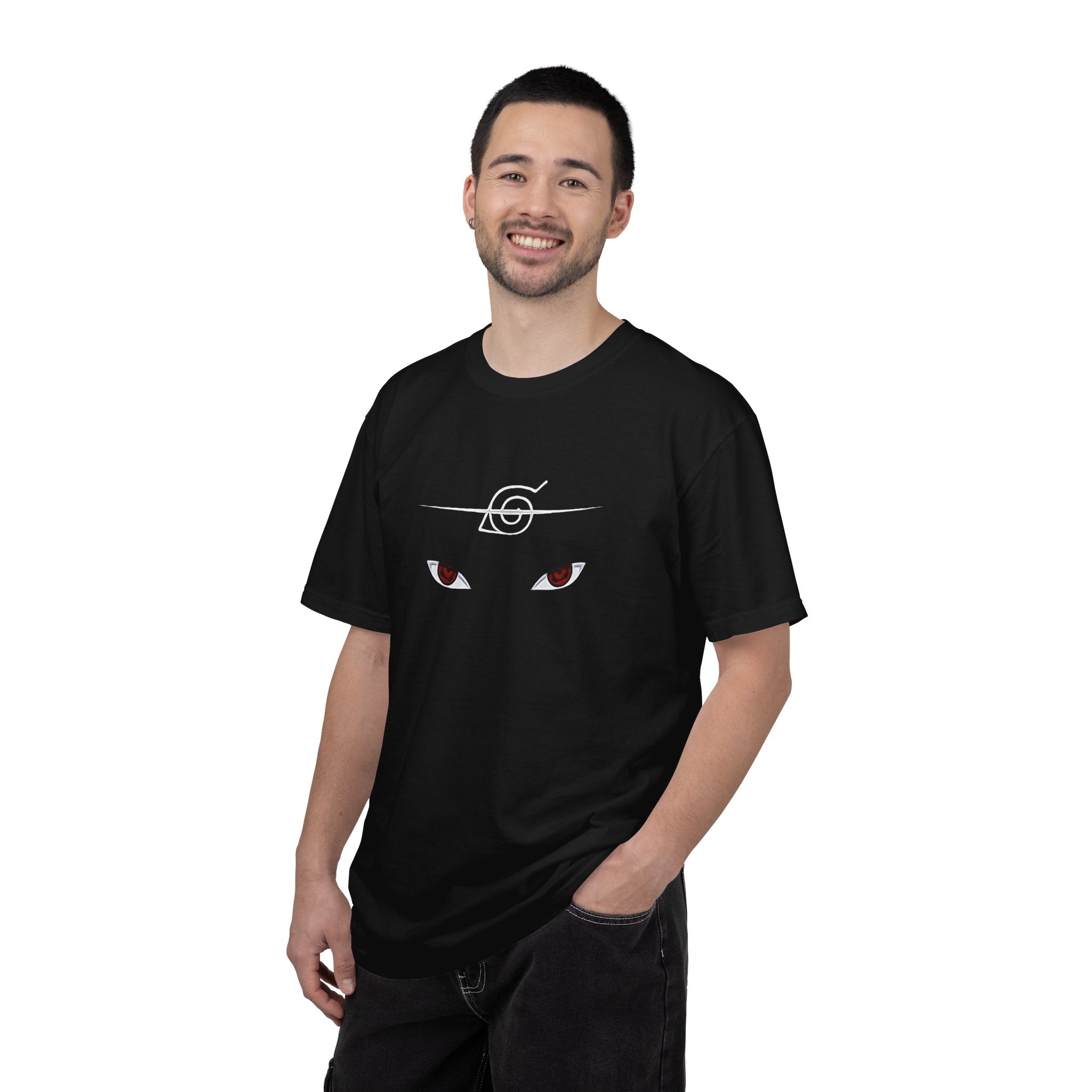 Man wearing a black t-shirt with 'RJD' logo on a white background
