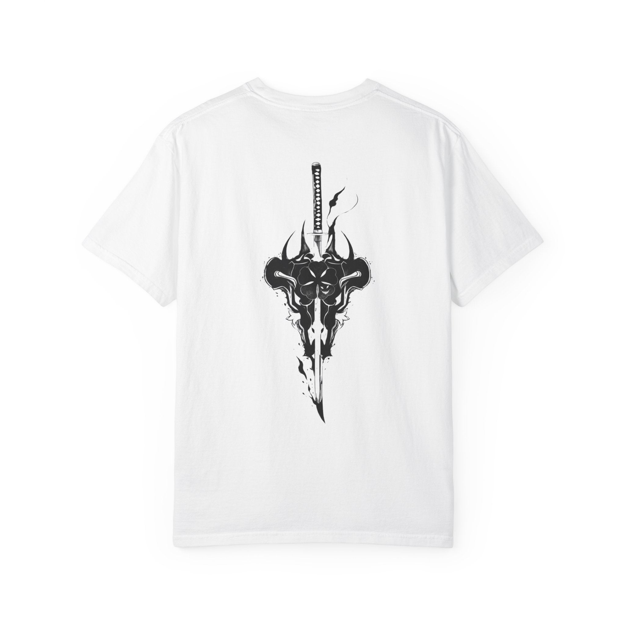 A white short-sleeve t-shirt shown from the back, featuring a large black graphic print of a horned skull with a katana sword embedded in it.