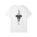 A white short-sleeve t-shirt shown from the back, featuring a large black graphic print of a horned skull with a katana sword embedded in it.