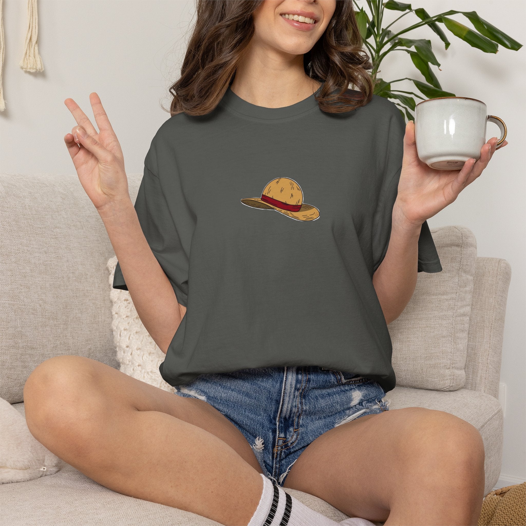 One Piece Luffy Straw Hat T-Shirt, Unisex Garment-Dyed Cotton Tee with Minimalist Chest Print T-Shirt - The Eezee Shop