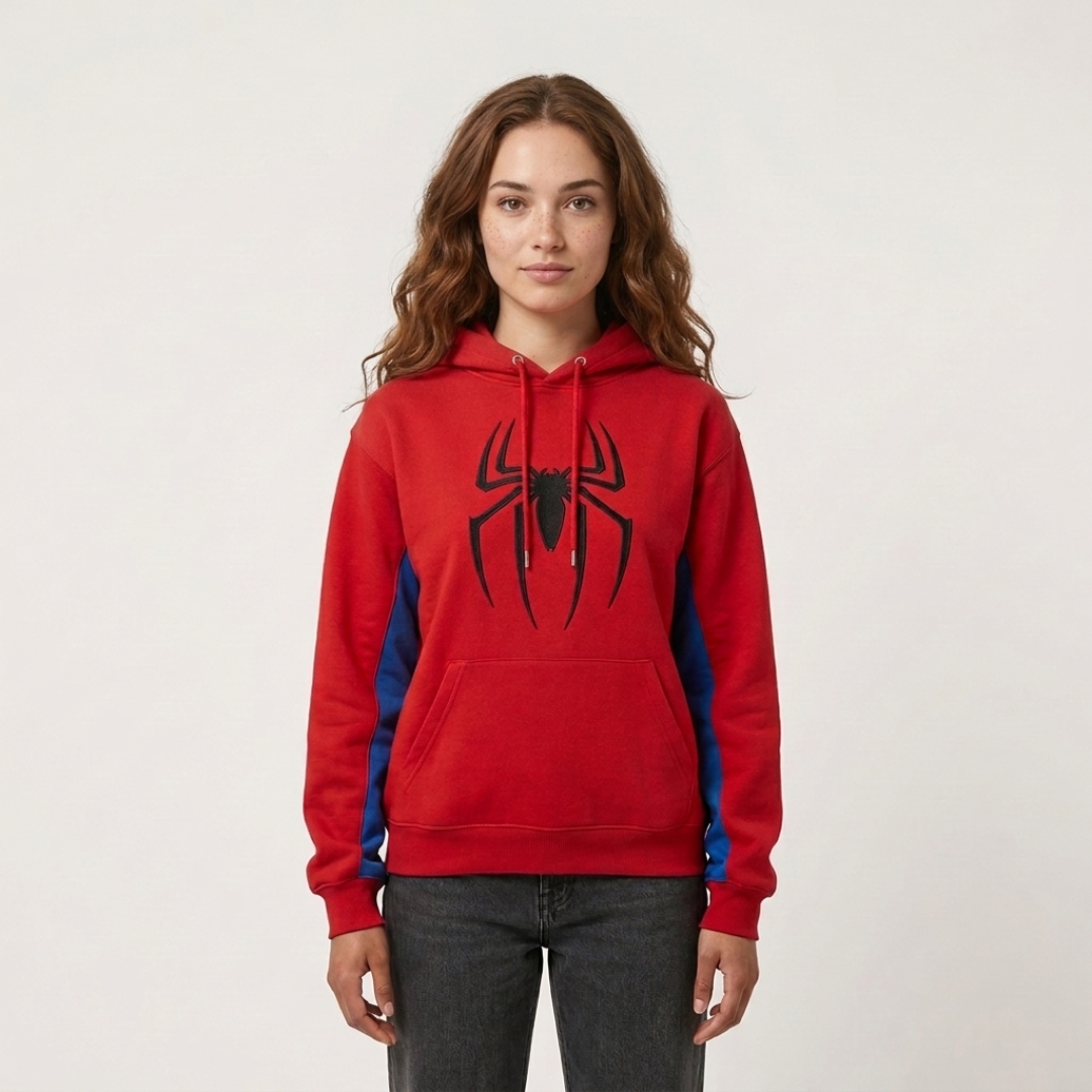 A woman modeling a red pullover hoodie with a large black spider logo on the chest and blue side panels, paired with dark gray jeans against a plain light gray studio background.