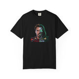 A black short-sleeve crewneck t-shirt featuring a graphic print of a split-face character with one human face and one cybernetic face, displayed on a clean white background.