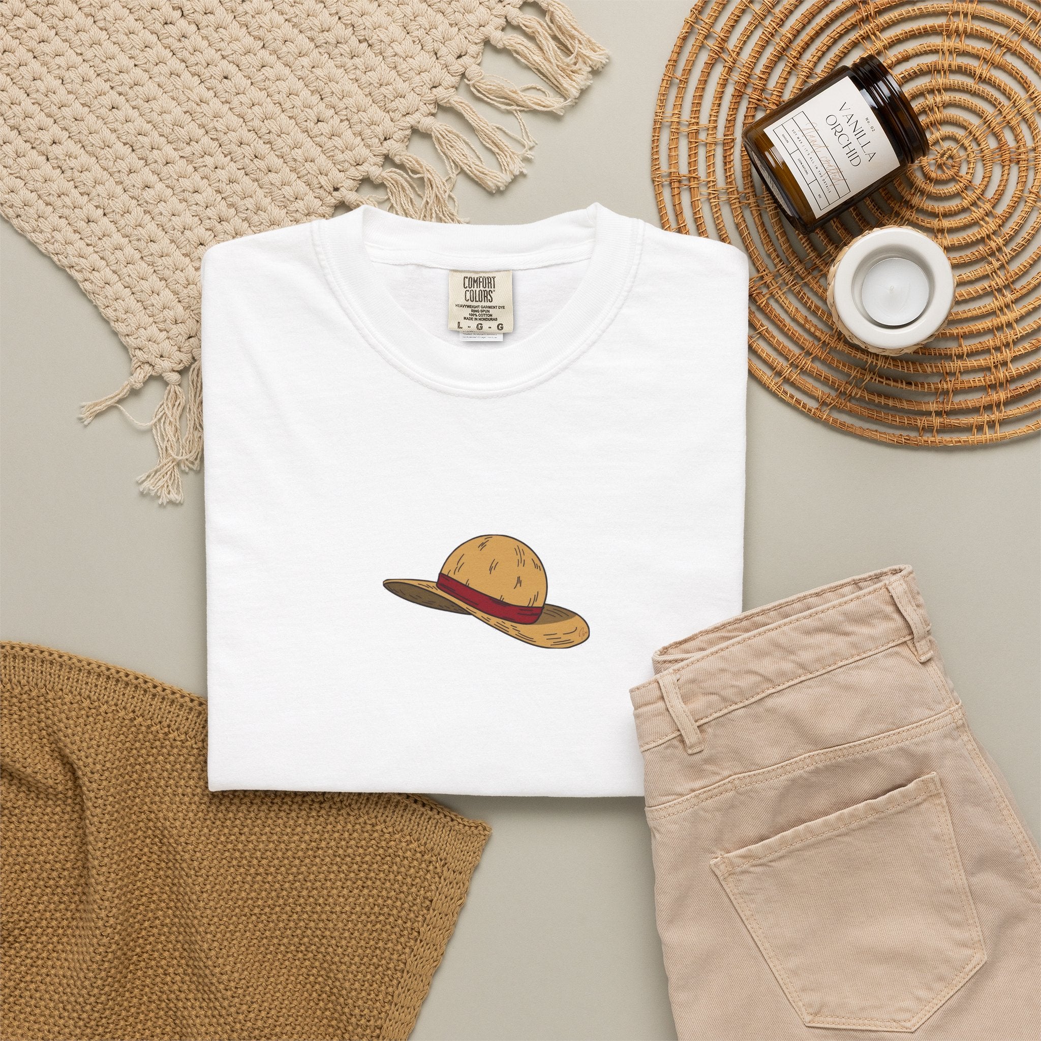One Piece Luffy Straw Hat T-Shirt, Unisex Garment-Dyed Cotton Tee with Minimalist Chest Print T-Shirt - The Eezee Shop