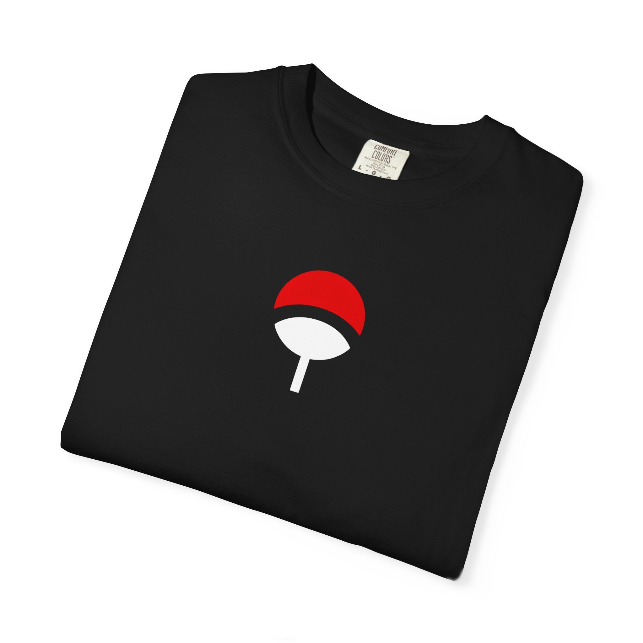 Black t-shirt with a logo on a white background